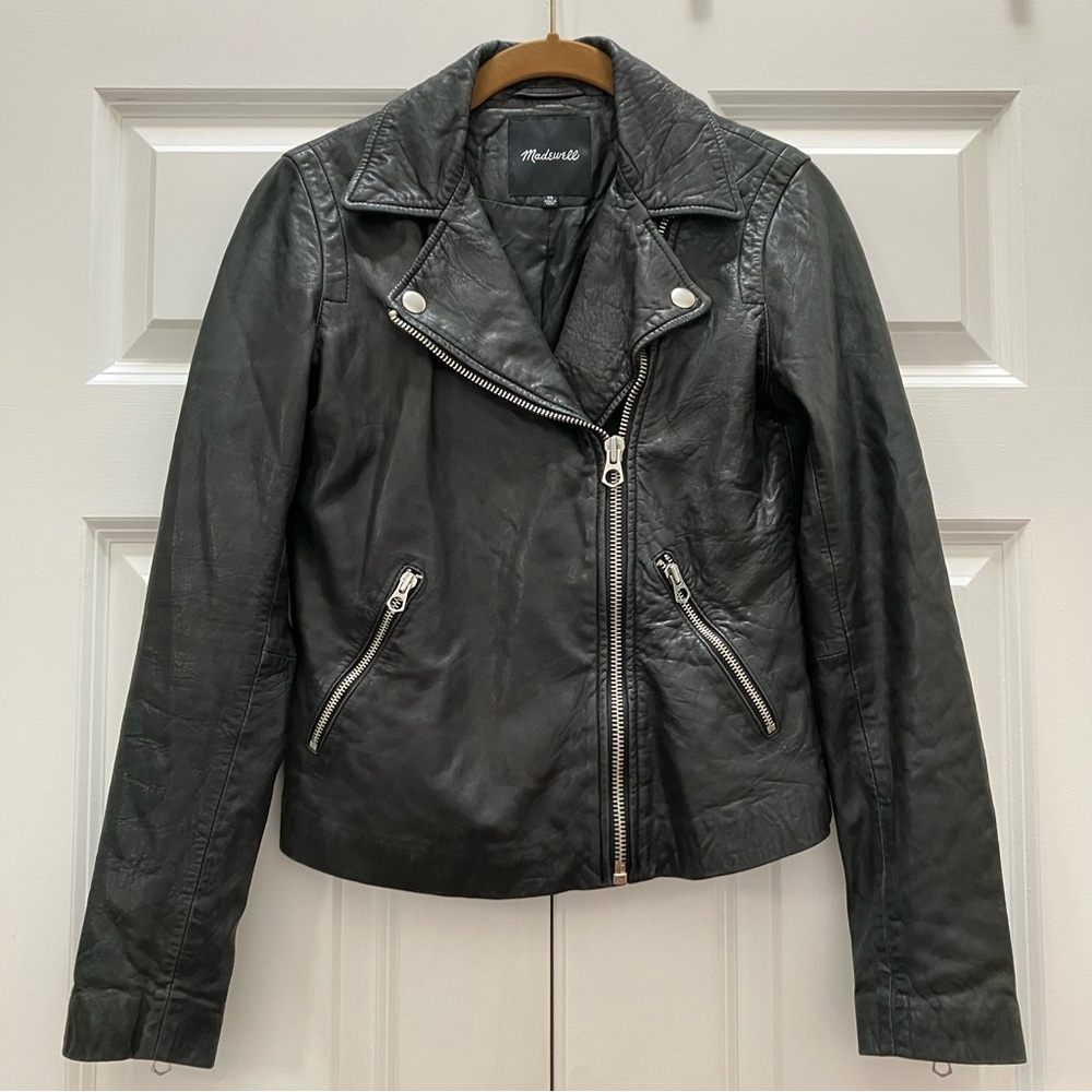 Madewell Washed Leather Motorcycle Jacket Black Moto Zippers size XS